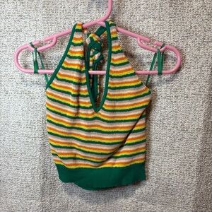 Green Yellow And Orange Striped, Knit Halter Tie Tank